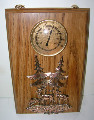 Dial Thermometer Deer Pine Tree Embossed Design Hanging Mid-Century Wood Plaque 