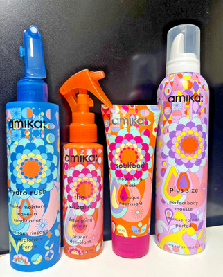 Amika Hydrorush 6.7oz, The Wizard 4oz, Soulfood mask 3.3fl oz, Plus Size Mousse 