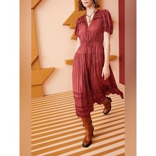 Ulla Johnson Rose Midi Dress Desert Rose Maroon Ruffle Tiered Puff Sleeve Size 4