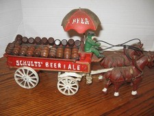 VTG Cast iron Clydesdale Beer Wagon, Horse Drawn Cart, Driver, Barrels, Umbrella