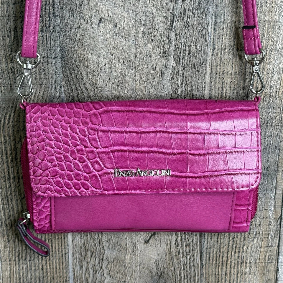Bolso sin asas pequeño de cuero con estampado de cocodrilo rosa Enzo Angiolini para mujer Foto 2 de 4