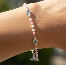 Boho Silver Tone Plated Brass Bracelet Dainty Minimalist Pink & White Beaded