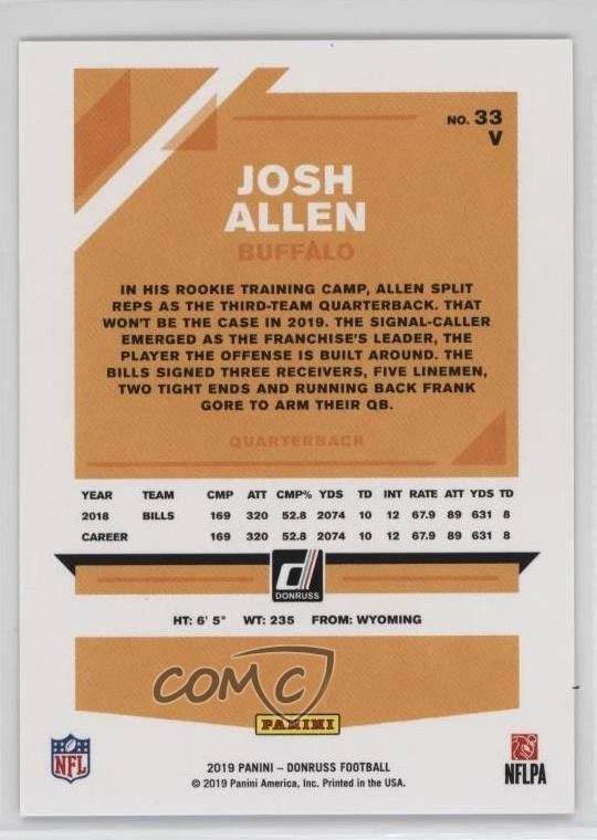 2019 Panini Donruss Photo Variation Press Proof Bronze Josh Allen #33V - Image 2 of 2