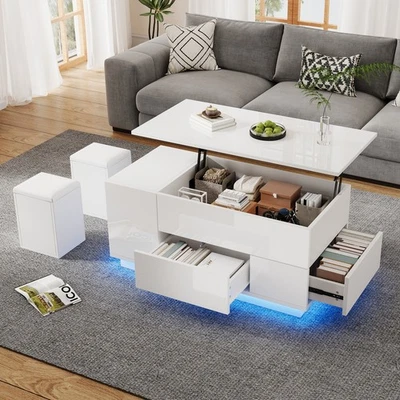 LED Lift Up Top Coffee Table High Gloss 2 Drawers with 2 Stools Hidden Storage - Image 1 of 4