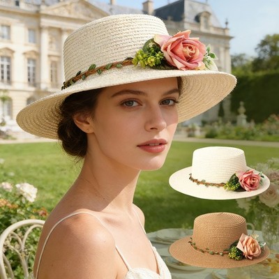 Women's 3D Floral Decor Straw Wide Brim Flower Sun Hat Summer Outdoor Beach Hat