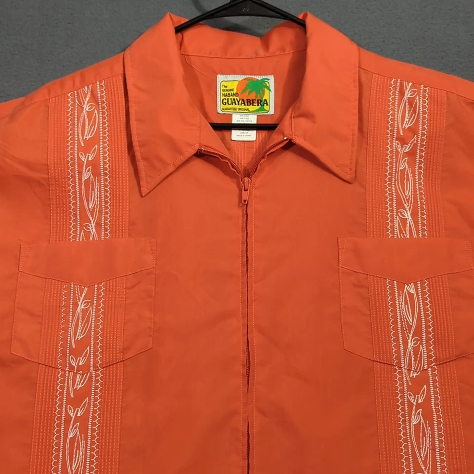 Haband Guayabera Shirt Men's XXL Coral Zip Up Short Sleeve White Embroidery - Image 3 of 4