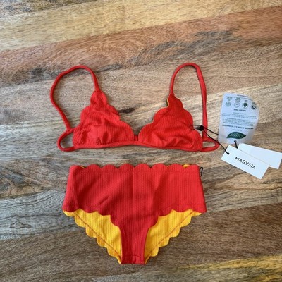Marysia Bikini Swimsuit Girls Sz 4 Red Yellow Reversible Scallop Eco Swimclean