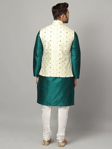 Men's Silk Blend Kurta & Churidar Pyjama With Ethnic Bundi Jacket | 3 In 1 | - Imagen 171 de 182