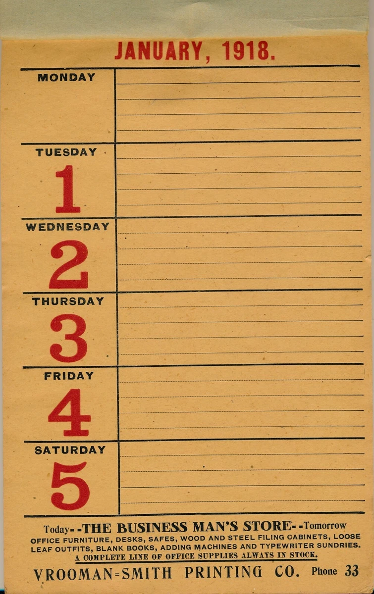 1918 Weekly Memorandum Calendar Pad, Vrooman-Smith Printing Co. Unused |  eBay