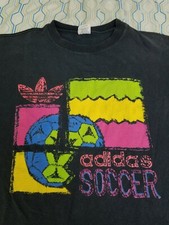 Vintage 80s 90s Adidas Soccer Trefoil T Shirt Black Neon Rainbow Football Large