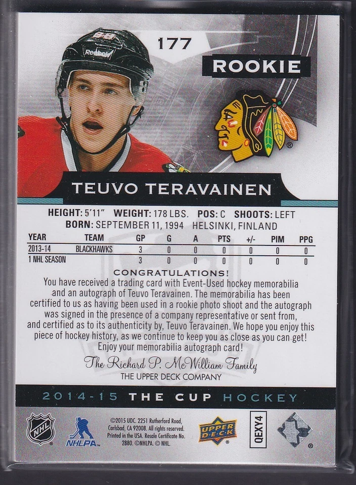 TEUVO TERAVAINEN - 2014 The Cup Rookie Auto Patch #177, /10 - Image 2 of 2