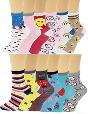 12 Pairs Kids Girls Assorted  Fancy Design Novelty Design Crew Socks