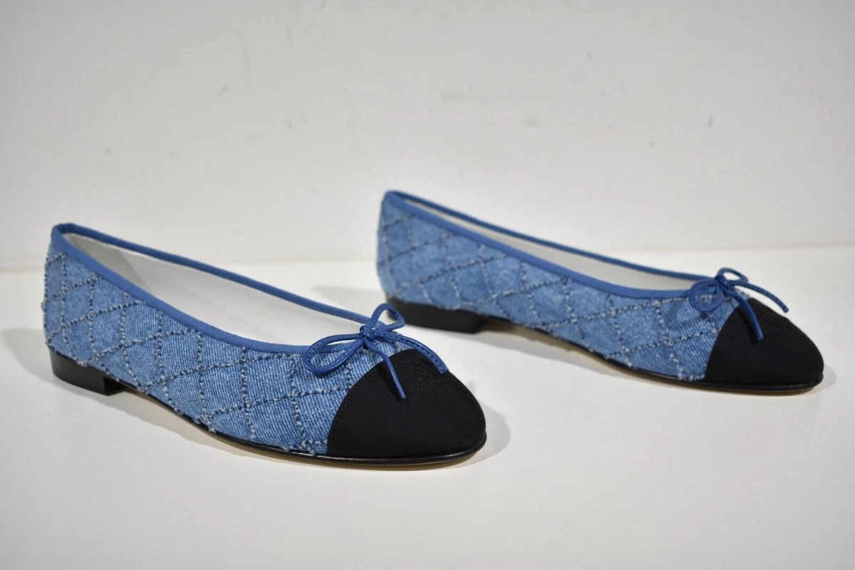 Chanel 23P Denim Blue Black CC Logo Cap Toe Bow Tie Ballet Ballerina Flat  37.5