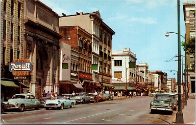 Postcard Indiana Lafayette Main Street View Drug Store Classic Cars 1950s K97