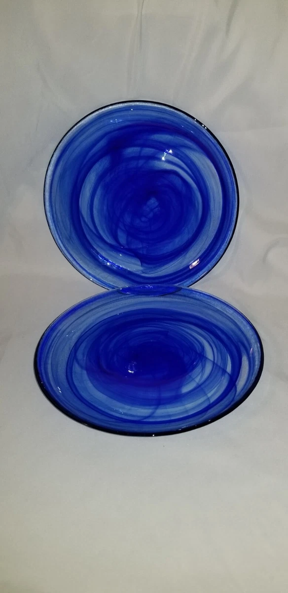 Cobalt Blue Blown Glass Dinner Plates, Blue Swirl Glass Dinnerware Set of 2