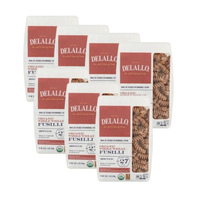 DeLallo Whole Wheat Fusilli Pasta, 1 Pound Bag, 100% Organic, Durum (7-Pack)