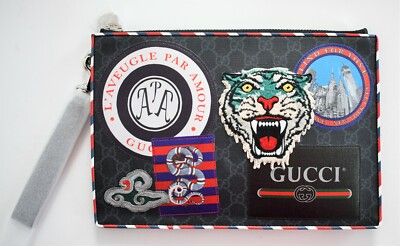  Auth GUCCI NIGHT COURRIER GG LOGO SUPREME ZIP POUCH HOLDER Wristlet Clutch