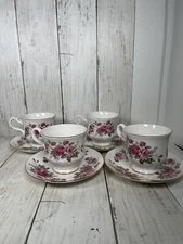 Queen Anne Bone China Coffee / Tea Cup And Saucer Set 4 Red / Pink Roses England