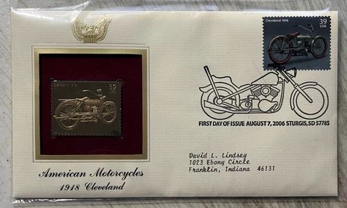 22K Gold Stamp Replica American Motorcycles 1918 Cleveland 1st Day Cover Stamp