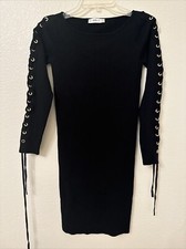 NWOT Zara Black Long Laced Up Sleeves Above The Knee Knit Dress Sz S￼