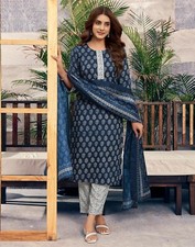 Women's Cotton Printed Straight Kurta with Pant  Dupatta Set