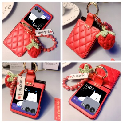 Ring Holder Strawberry Bracelet Leather Case For Motorola Razr+2024 2023/50Ultra