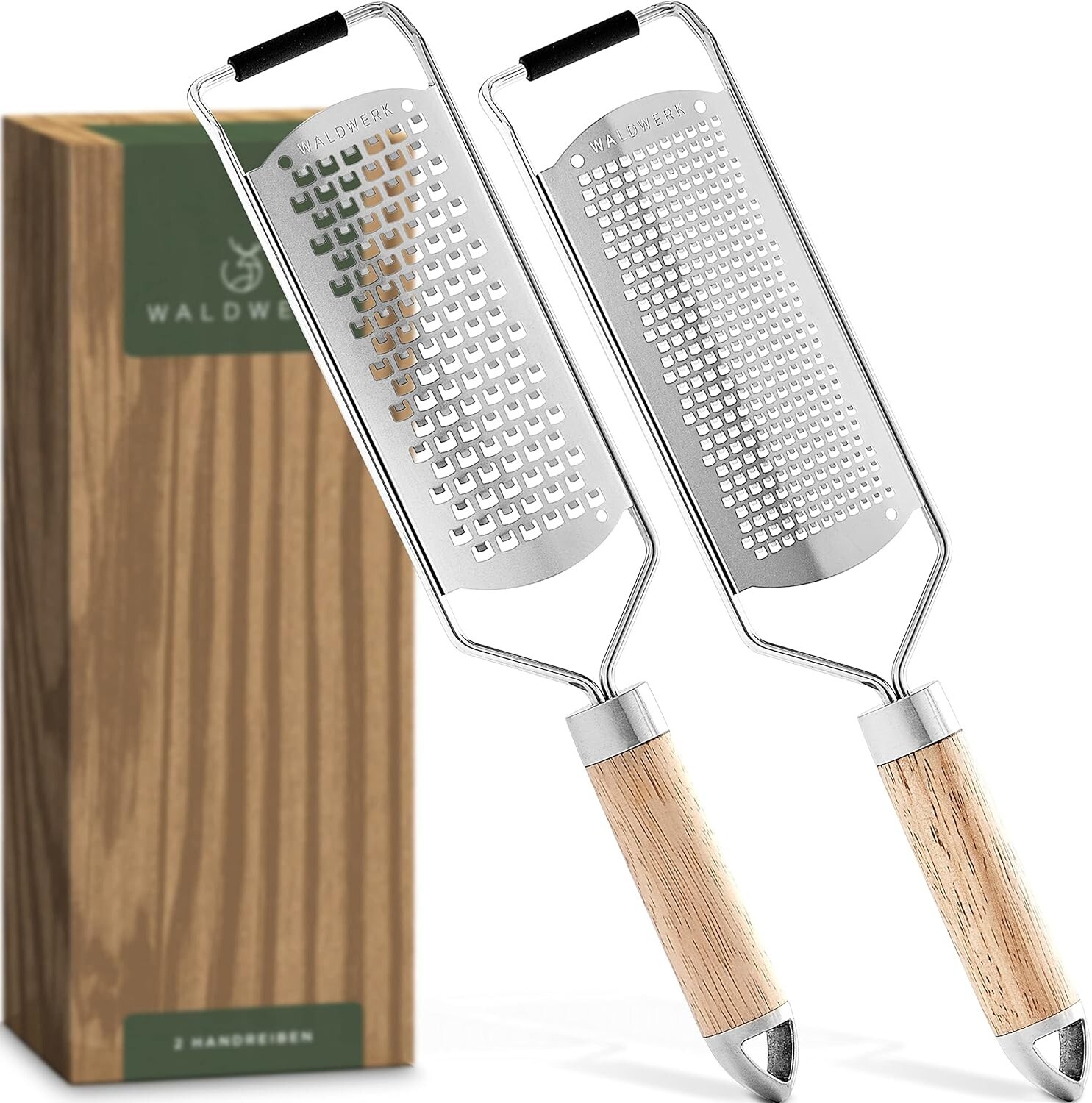 WALDWERK Käsereibe 2er Set | Holzgriff, Edelstahl, für Parmesan, Muskat, Zitrone