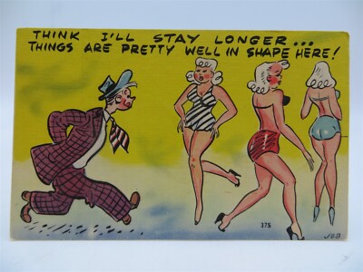 Vintage Postcard - Cartoon Humor - Man Admiring 3 Women in Shape - Unused