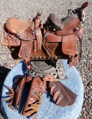 4 Pieces Mini Cowboy Collectibles Chaps, Saddles, Studded Holsters