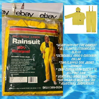 HEAVY DUTY HOODED 3-PIECE YELLOW RAIN SUIT Detachb Hood Jacket Bib