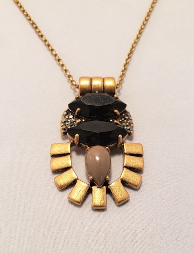J CREW Necklace Long Antique Gold Link Chain, Black Crystal Taupe Stone Pendant - Picture 4 of 5