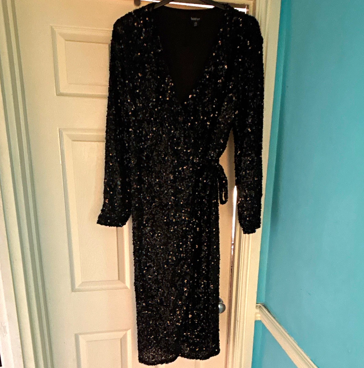 Black Sequin Dress Boohoo Black Dress Long Sleeve Boohoo Sequin Wrap Dresses For Sale UK