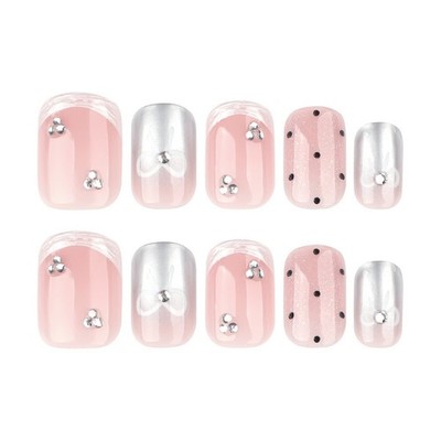 Polka Dot Bow Pink Short Square Press On Nails with Cat Eye Reflective Effect