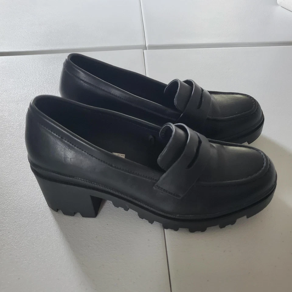 Mocasines Y2K Mudd para mujer talla 9 negros suela gruesa correa de centavo plataforma de tacón Foto 2 de 4