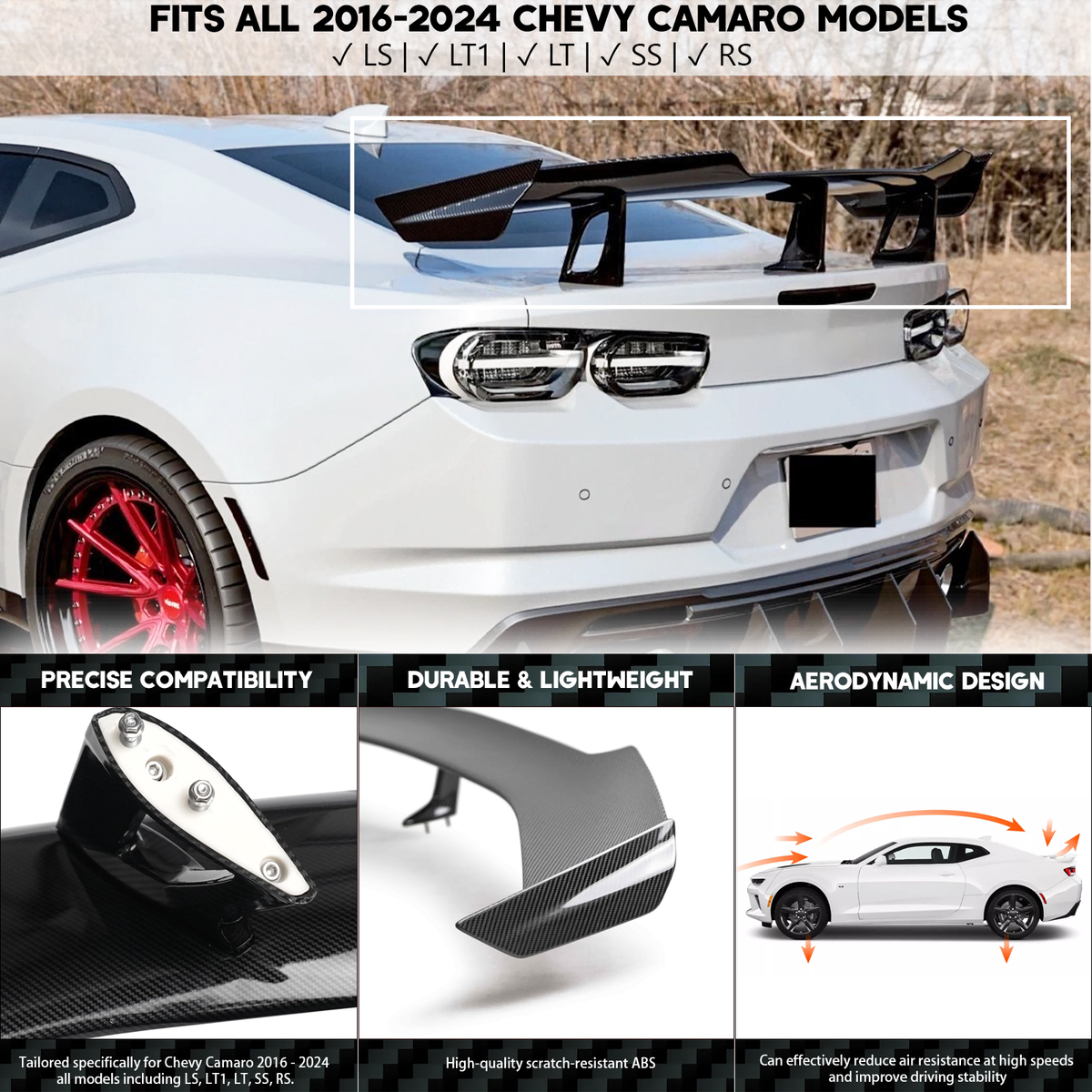 Spoiler Avant 3 Pièces Pour Chevrolet Camaro SS LS LT RS 2016-2024 - Style Carbon Fiber