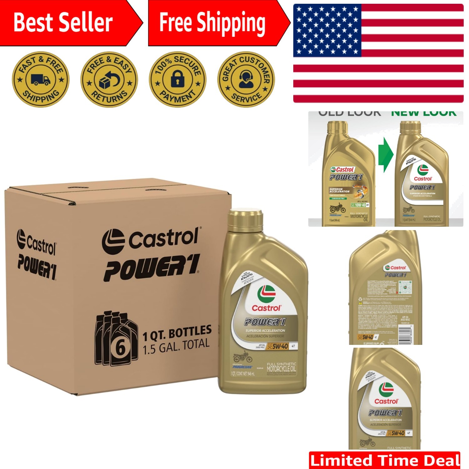 Power1 4T 5W-40 Full Synthetic Motorcycle Oil, 1 Quart, Pack of 6