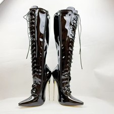 18cm Heel Stiletto Women Knee High Boots Patent Leather Pole Dancing Zip Lace Up