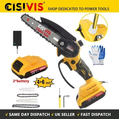 CISIVIS 2 Batteries 4/6'' 4000W Mini Cordless Chainsaw Electric One-Hand Saw Wood Cutter