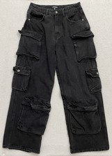 pretty little thing Baggy Wide Leg Cargo Jeans Black 29x29 Grunge Y2K B61