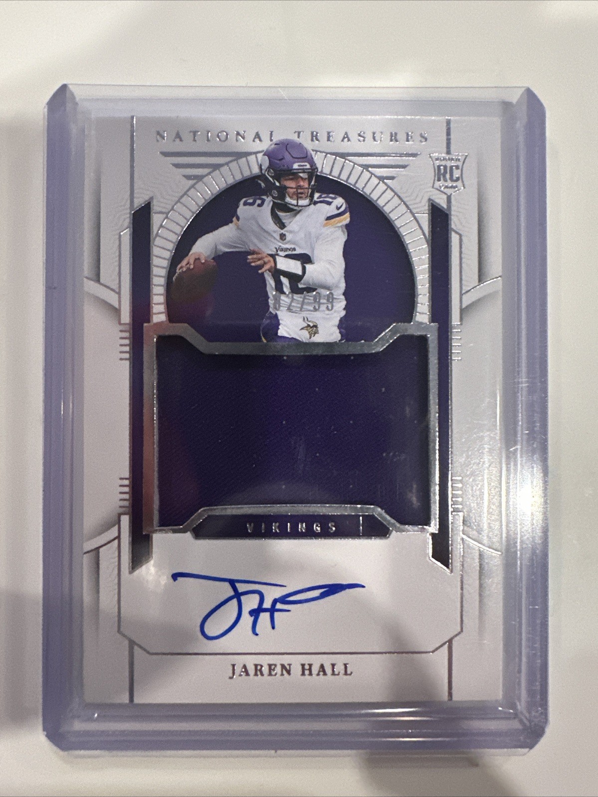 JAREN HALL 2023 PANINI NATIONAL TREASURES #199 PURPLE ROOKIE PATCH AUTO RPA /49