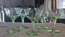 Vintage Lot Of 5 Ribbed Optic Vaseline Green Cocktail Stemmed Glasses 