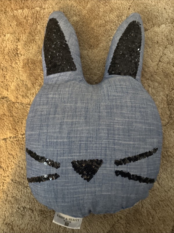 Pottery Barn Teen Emily & Meritt Denim Like Bunny Shaped Pillow Blue Sequins