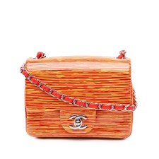 Authenticated Chanel Mini Square Classic Patent Striped Single Flap Orange