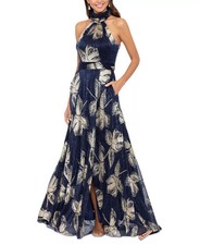 Betsy Adam Metallic Gown Halter Floral Slit Pockets Formal Navy Silver 6 289