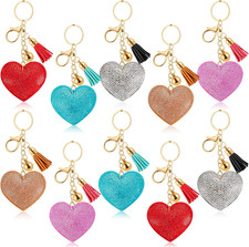 10Pcs Glitter Crystal Heart Rhinestone Keychain, Heart Shape Rhinestone Tassel K