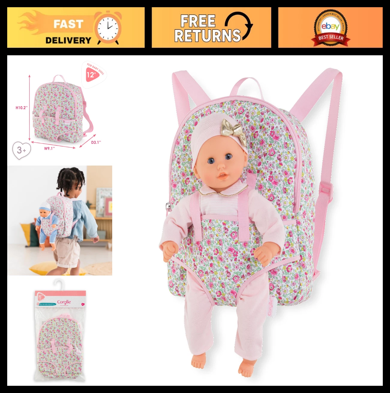 Adjustable Toddler Baby Doll Carrier for 12" Dolls - Hands-Free Play, Pink, Zipp