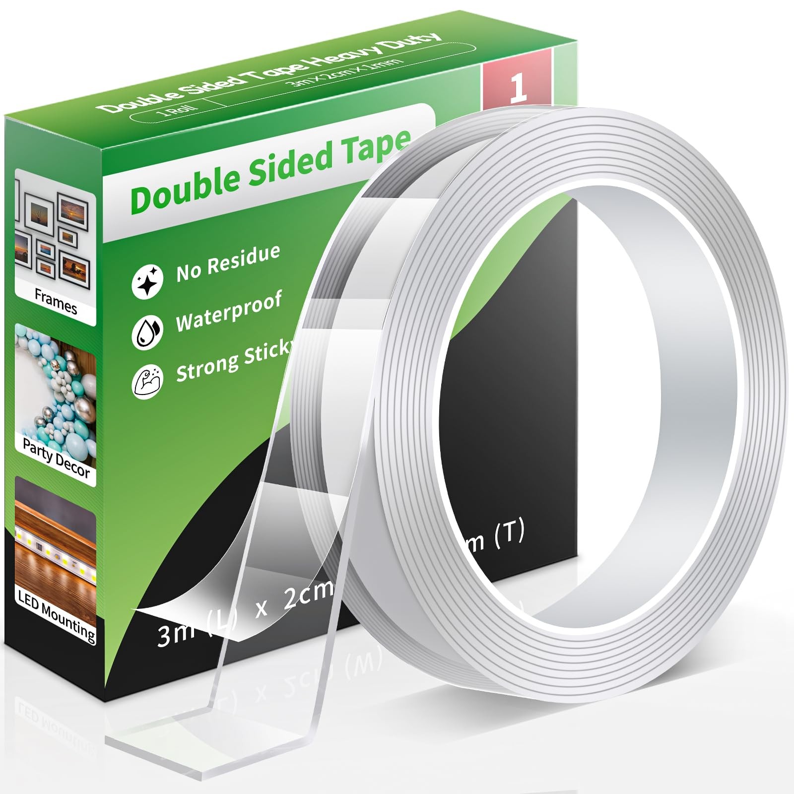 Euqvunn Double Sided Tape Heavy Duty, 1 Roll (3.0 m × 2.0 cm × 1 mm), Clear - Image 2