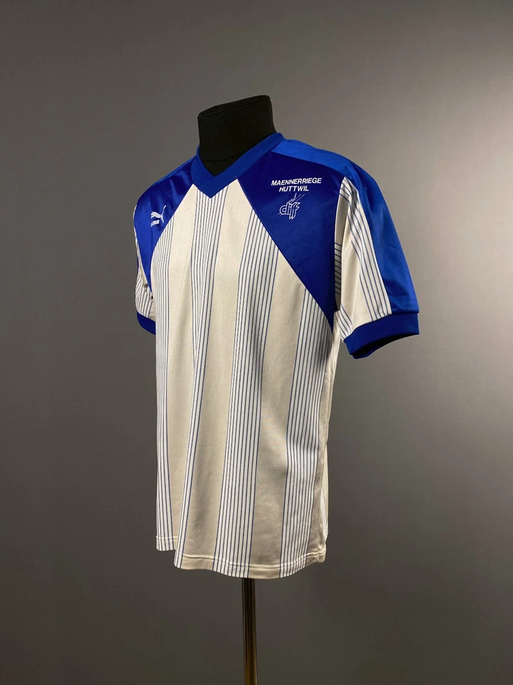Camiseta deportiva de fútbol americano vintage de los 80 Puma para hombre azul blanco talla M ~ W. Alemania Foto 3 de 4