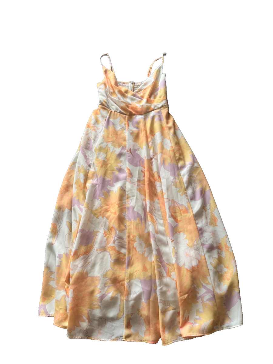 Leo Lin Yellow Floral Sun Dress size 10 Large Cotton Fit & Flare chic | eBay