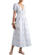 LoveShackFancy Womens Mastey Shirred Printed Cotton Midi Dress Medium Blue - NWT